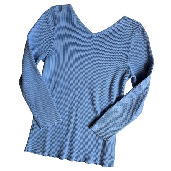 Lauren Ralph Lauren Ribbed Knit Top S Blue V-Neck Long Sleeve Minimalist Fit - Picture 6 of 6